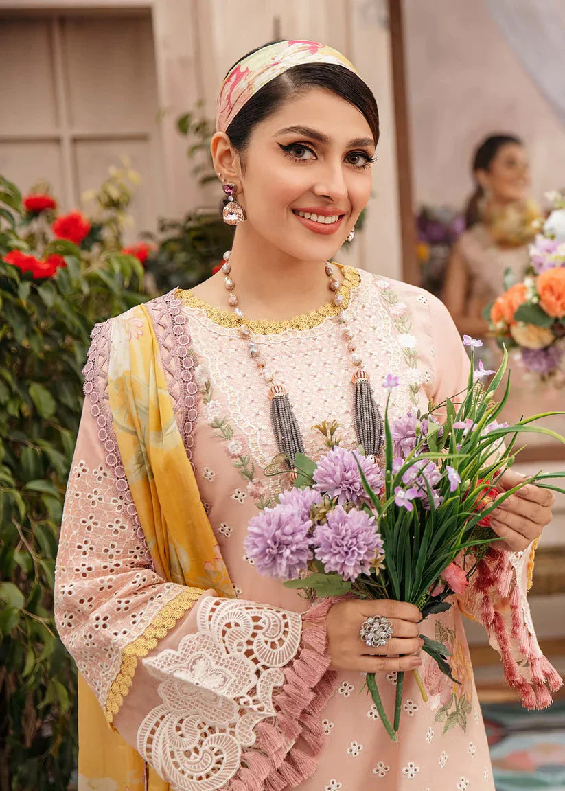 Swagiwear MUSHQ 3PC EMBROIDERED LAWN SUIT WITH PRINTED SILK DUPATTA. 