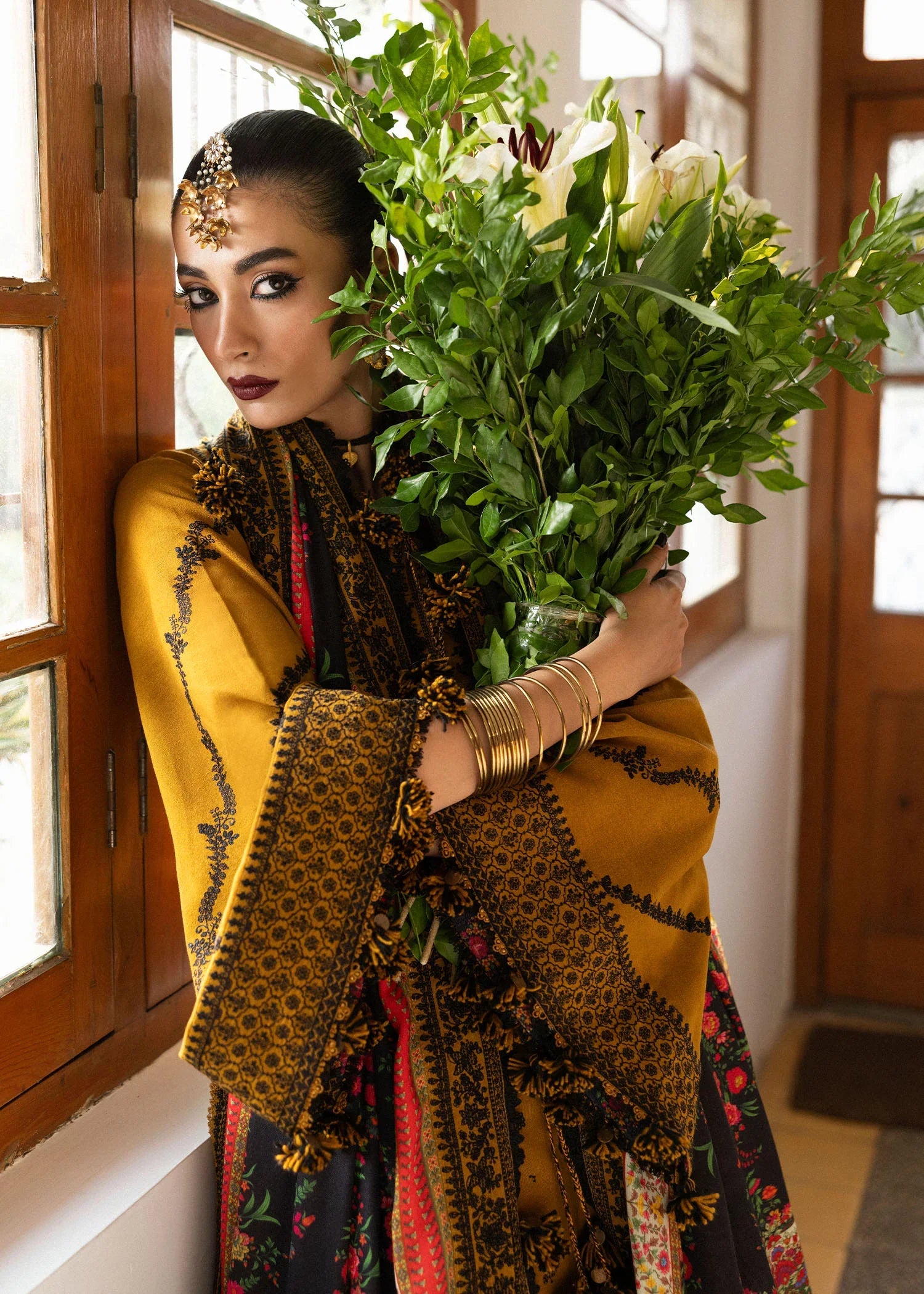 Swagiwear Hussain Rehar -3PC DHANAK EMBROIDERED SHIRT WITH COURTRAI WOOL PRINT SHAWL - 