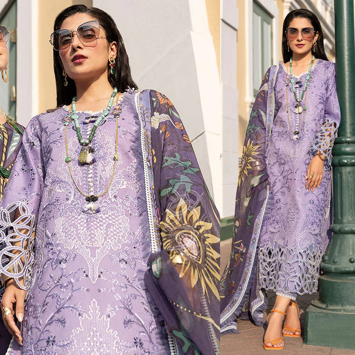 Swagiwear 3.Piece Unstitched Heavy Embroidered Lawn Suit With Digital Printed Silk Dupatta. 