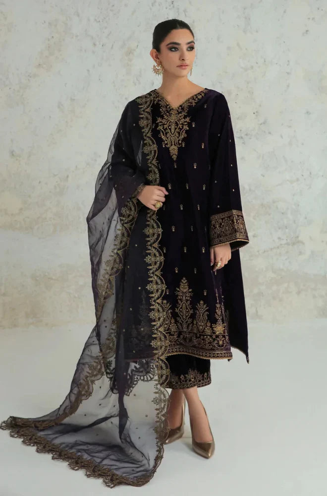 Swagiwear 3PCs Velvet Dress With Embroidered Organza Dupatta - 