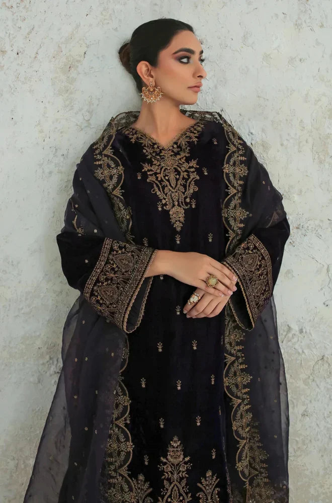 Swagiwear 3PCs Velvet Dress With Embroidered Organza Dupatta - 