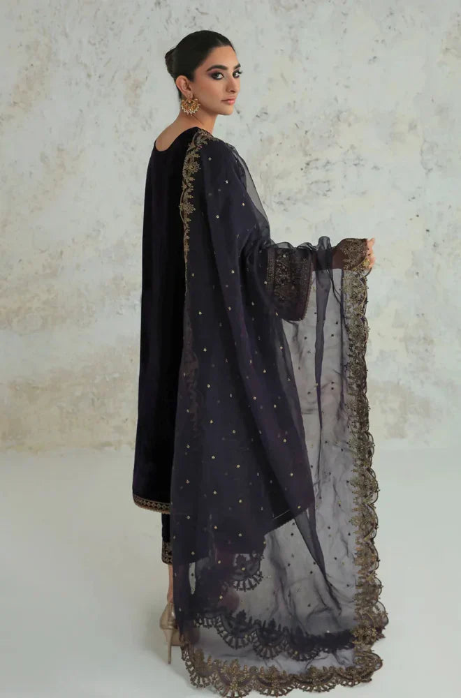 Swagiwear 3PCs Velvet Dress With Embroidered Organza Dupatta - 