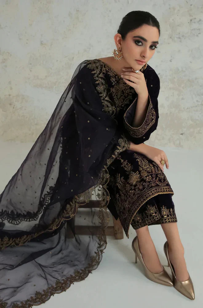 Swagiwear 3PCs Velvet Dress With Embroidered Organza Dupatta - 