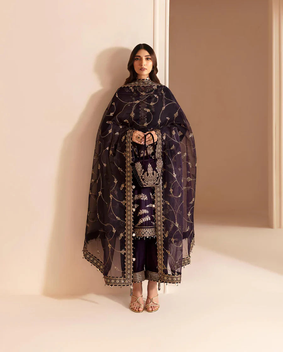 Swagiwear 3PCs Embroidered Velvet Dress With Shamooz Silk Trouser - 