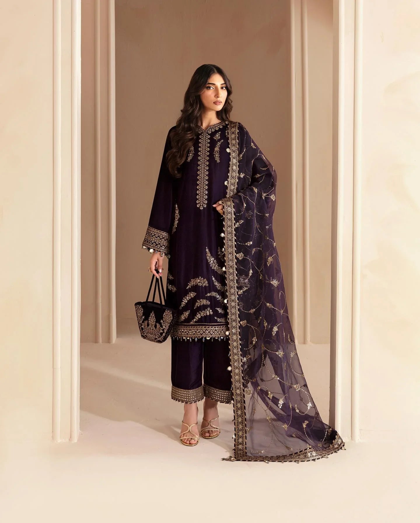Swagiwear 3PCs Embroidered Velvet Dress With Shamooz Silk Trouser - 