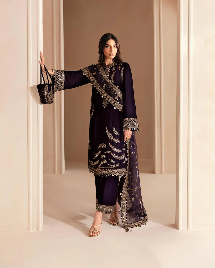 Swagiwear 3PCs Embroidered Velvet Dress With Shamooz Silk Trouser - 