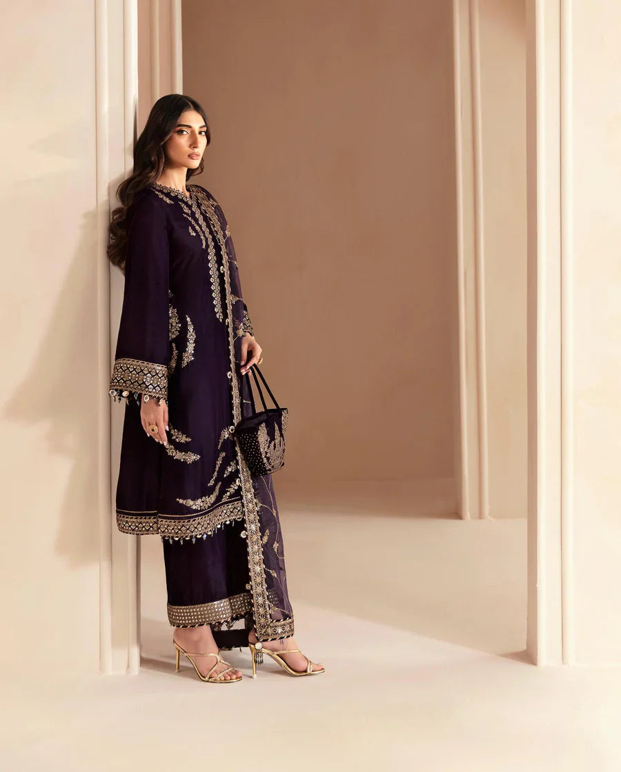 Swagiwear 3PCs Embroidered Velvet Dress With Shamooz Silk Trouser - 