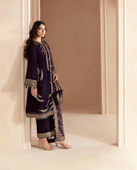 Swagiwear 3PCs Embroidered Velvet Dress With Shamooz Silk Trouser - 