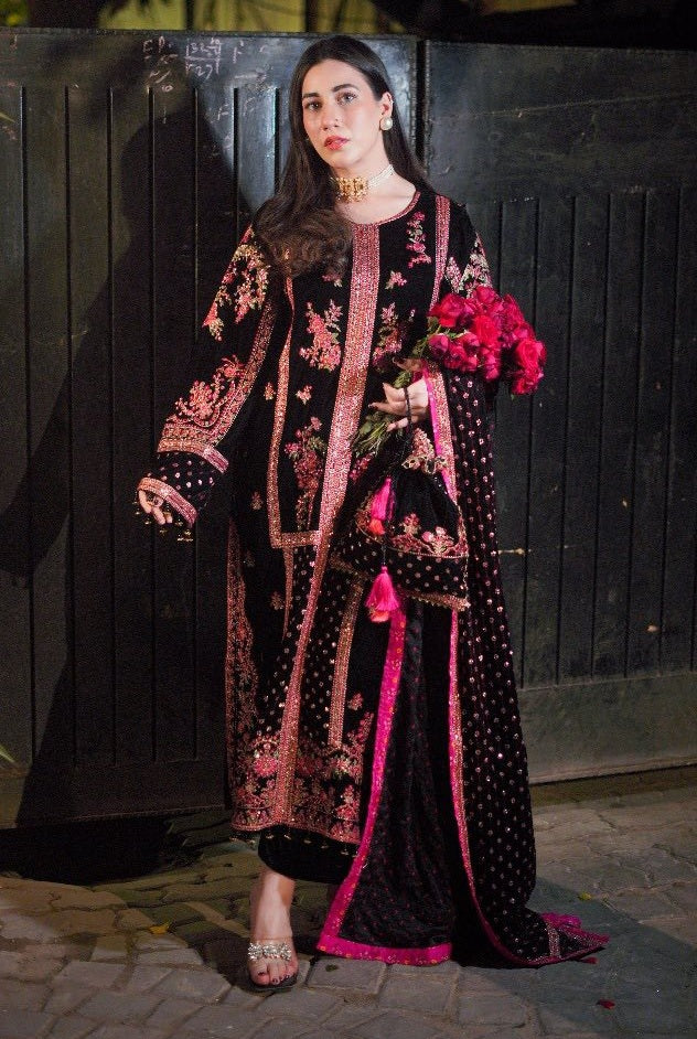 Swagiwear Maria B - Velvet Dress with Embroidered Dupatta - 