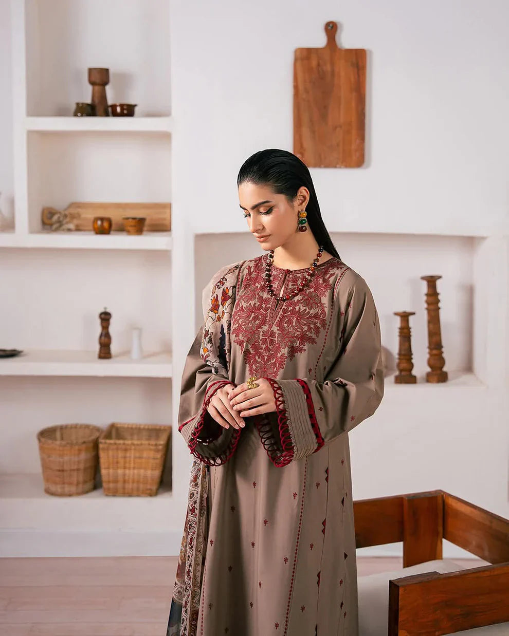 Swagiwear Baroque - 3PC Dhanak Embroidered Suit - 