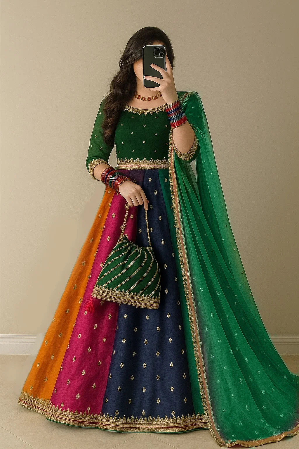 Swagiwear Kataan Silk 3 Piece Embroidered Lehenga - 