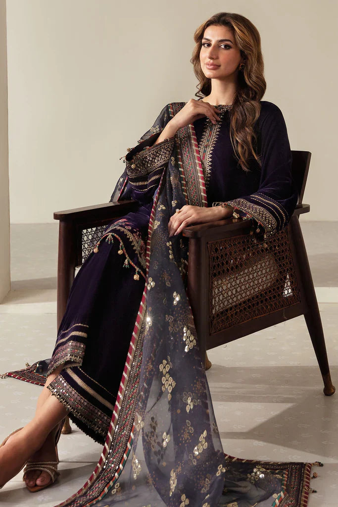 Swagiwear  3-Piece Unstitched Heavy Embroidered Velvet Suit ( Four Sided Embroidered Organza Dupatta )