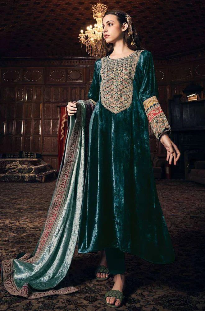 Swagiwear Aiqa Frock style - Winter 3PC Velvet Embroidered Suit - 