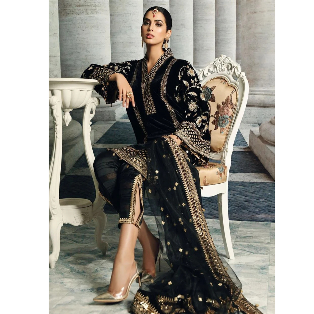 Swagiwear Anaya Velvet Embroidered Dress With Organza Embroidered Shawl - 