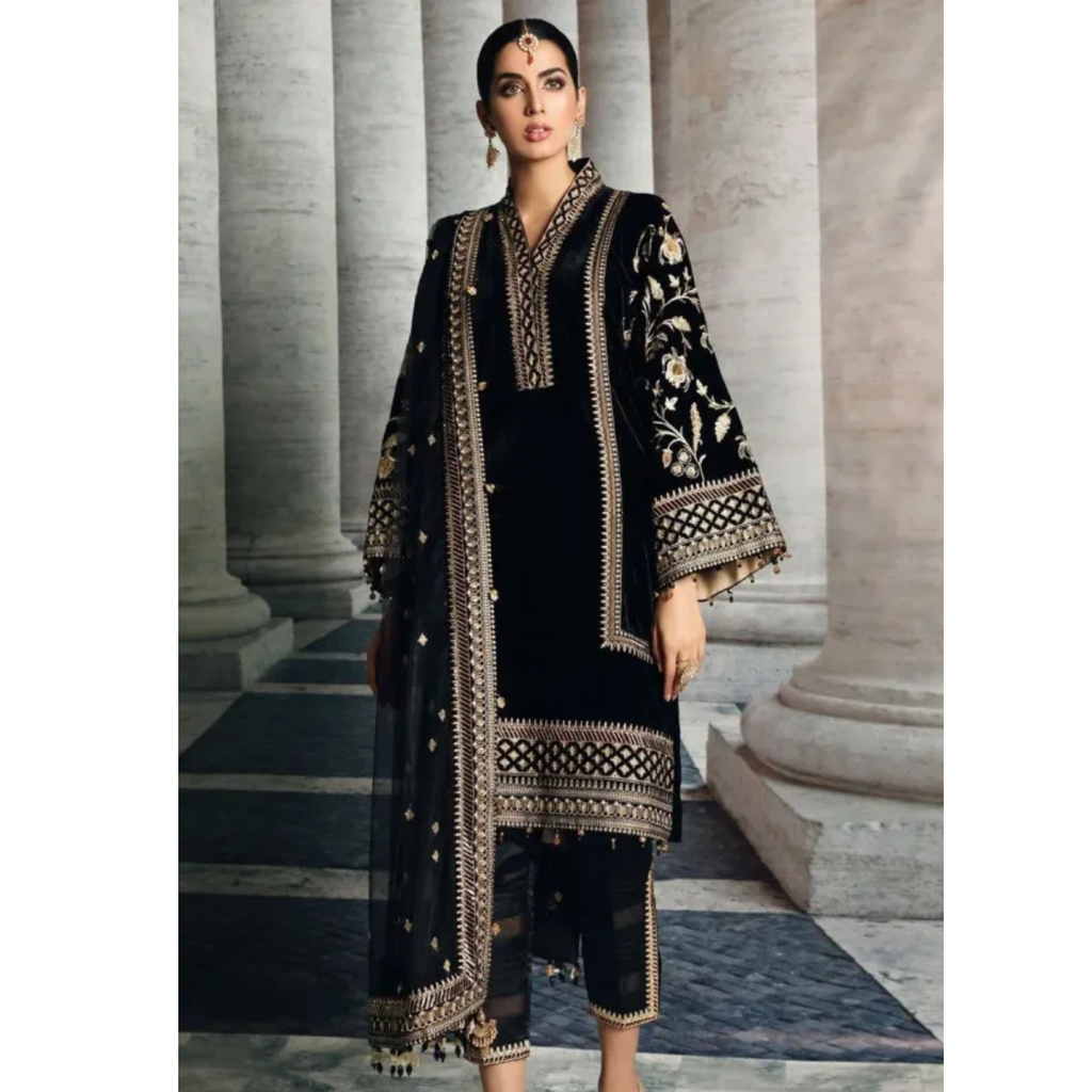 Swagiwear Anaya Velvet Embroidered Dress With Organza Embroidered Shawl - 