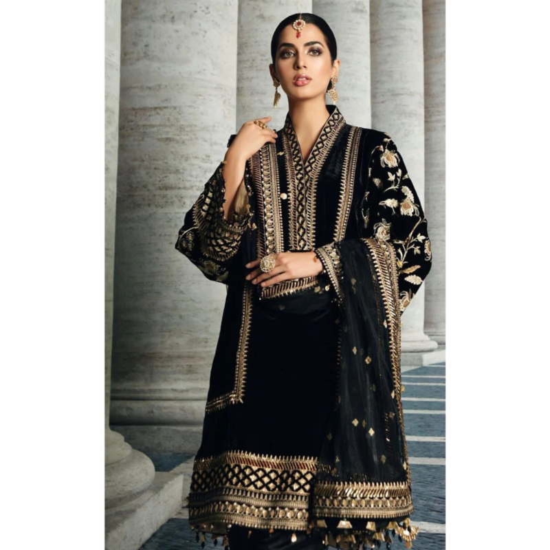 Swagiwear Anaya Velvet Embroidered Dress With Organza Embroidered Shawl - 