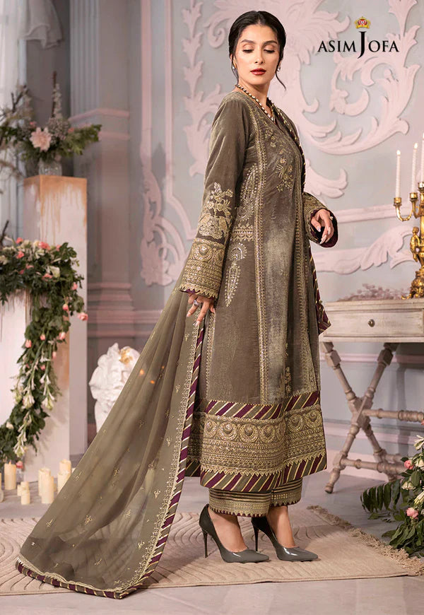 Swagiwear Asim Jofa - Velvet Dress with Pure Chiffon Embroidered Dupatta - 