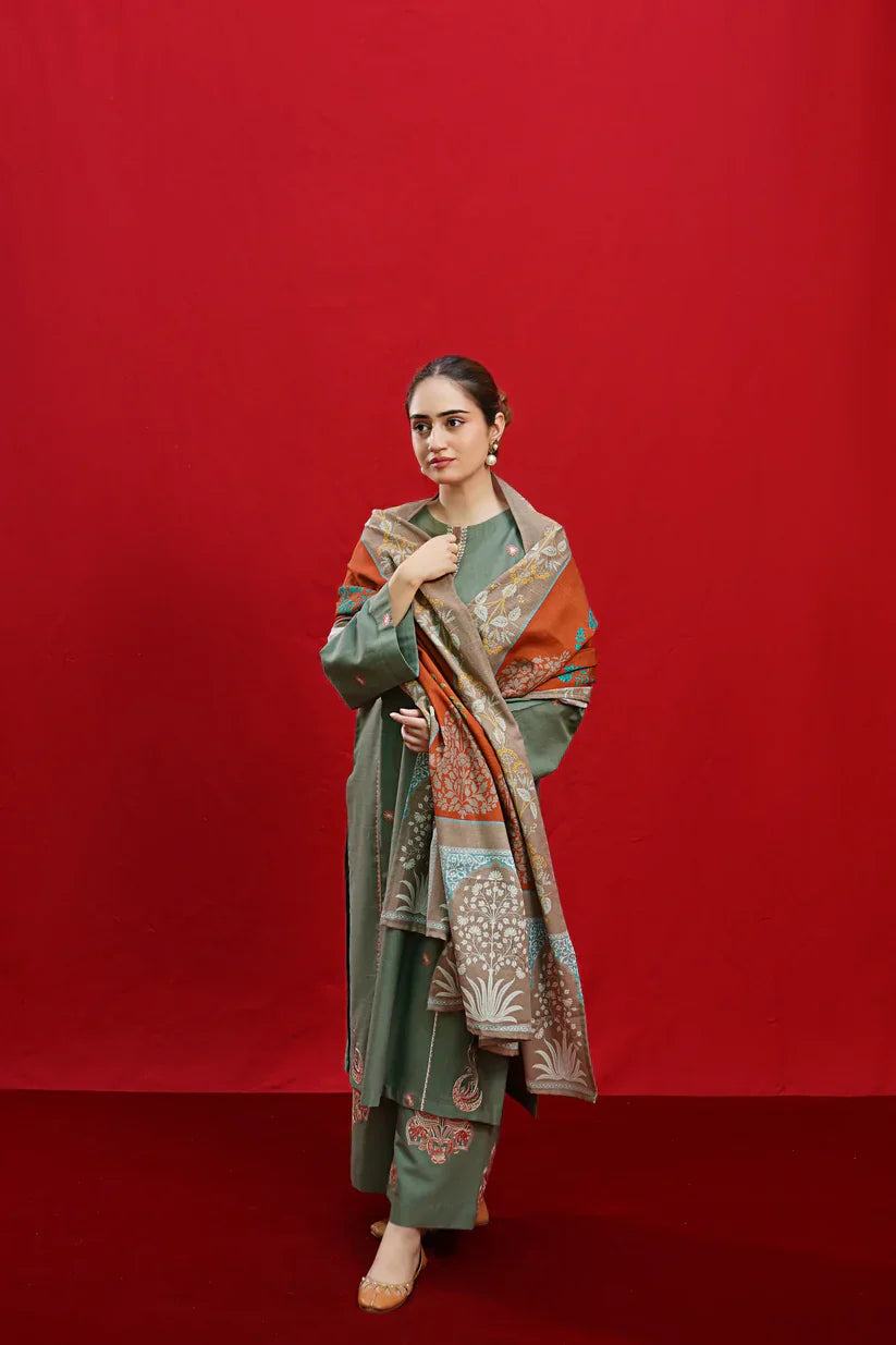 Swagiwear  - 3PC DHANAK EMBROIDERED SHIRT WITH PASHMINA PRINTED SHAWL