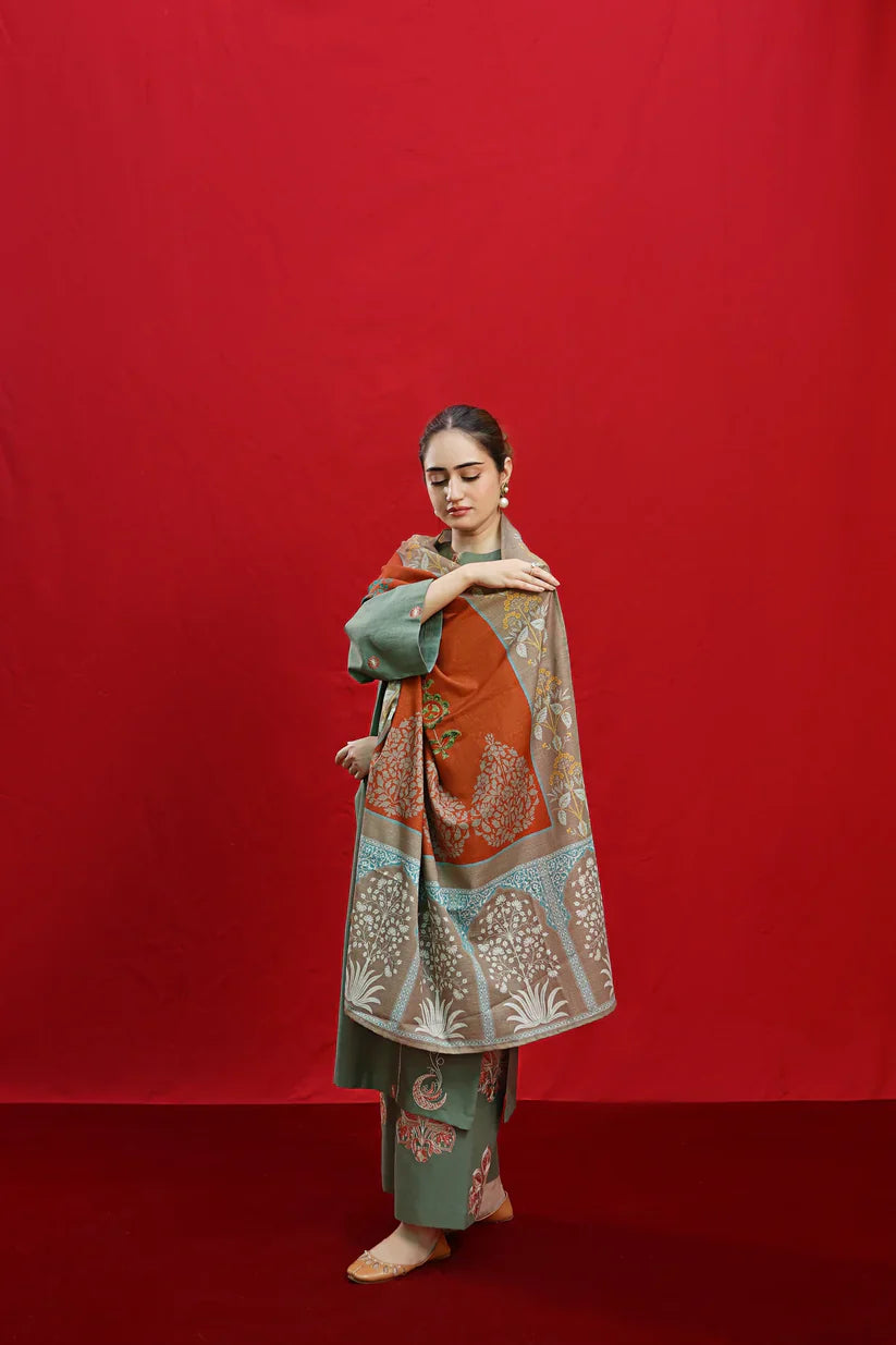 Swagiwear  - 3PC DHANAK EMBROIDERED SHIRT WITH PASHMINA PRINTED SHAWL