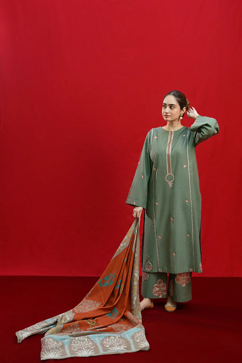 Swagiwear  - 3PC DHANAK EMBROIDERED SHIRT WITH PASHMINA PRINTED SHAWL