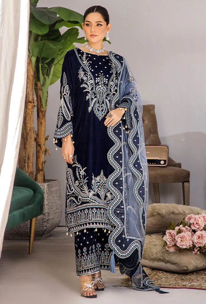 Swagiwear Cross Stitch - Velvet Dress with Embroidered Dupatta - 