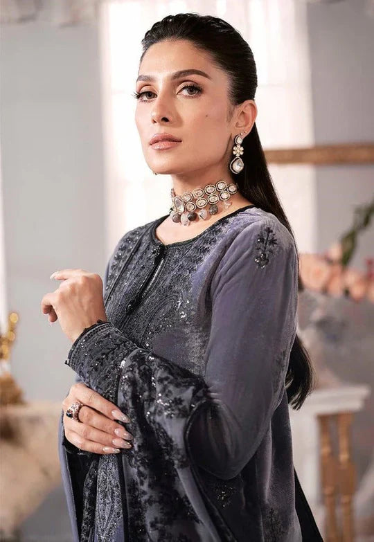 Swagiwear Asim Jofa - Velvet Dress with Pure Chiffon Embroidered Dupatta - 