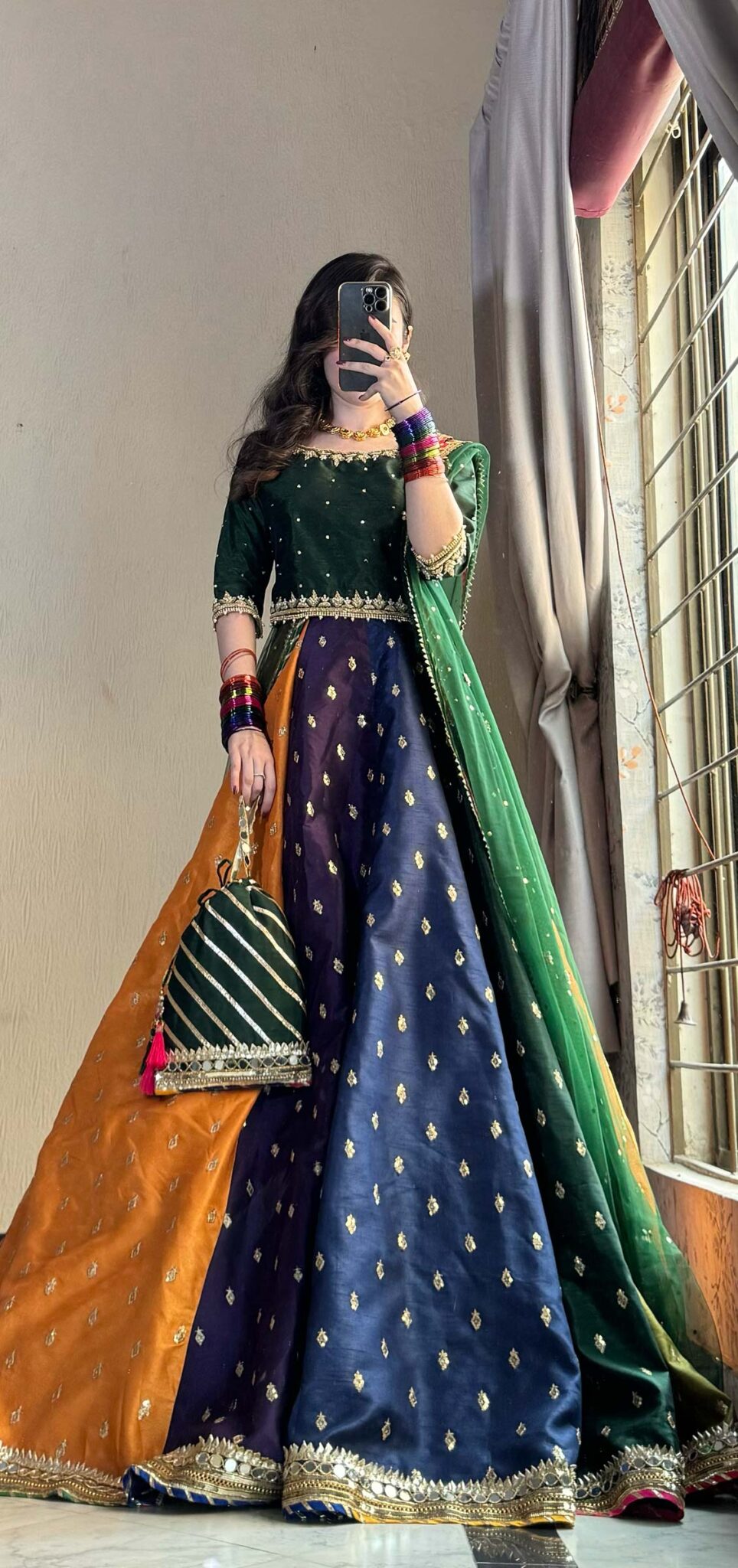 Swagiwear Kataan Silk 3 Piece Embroidered Lehenga - 
