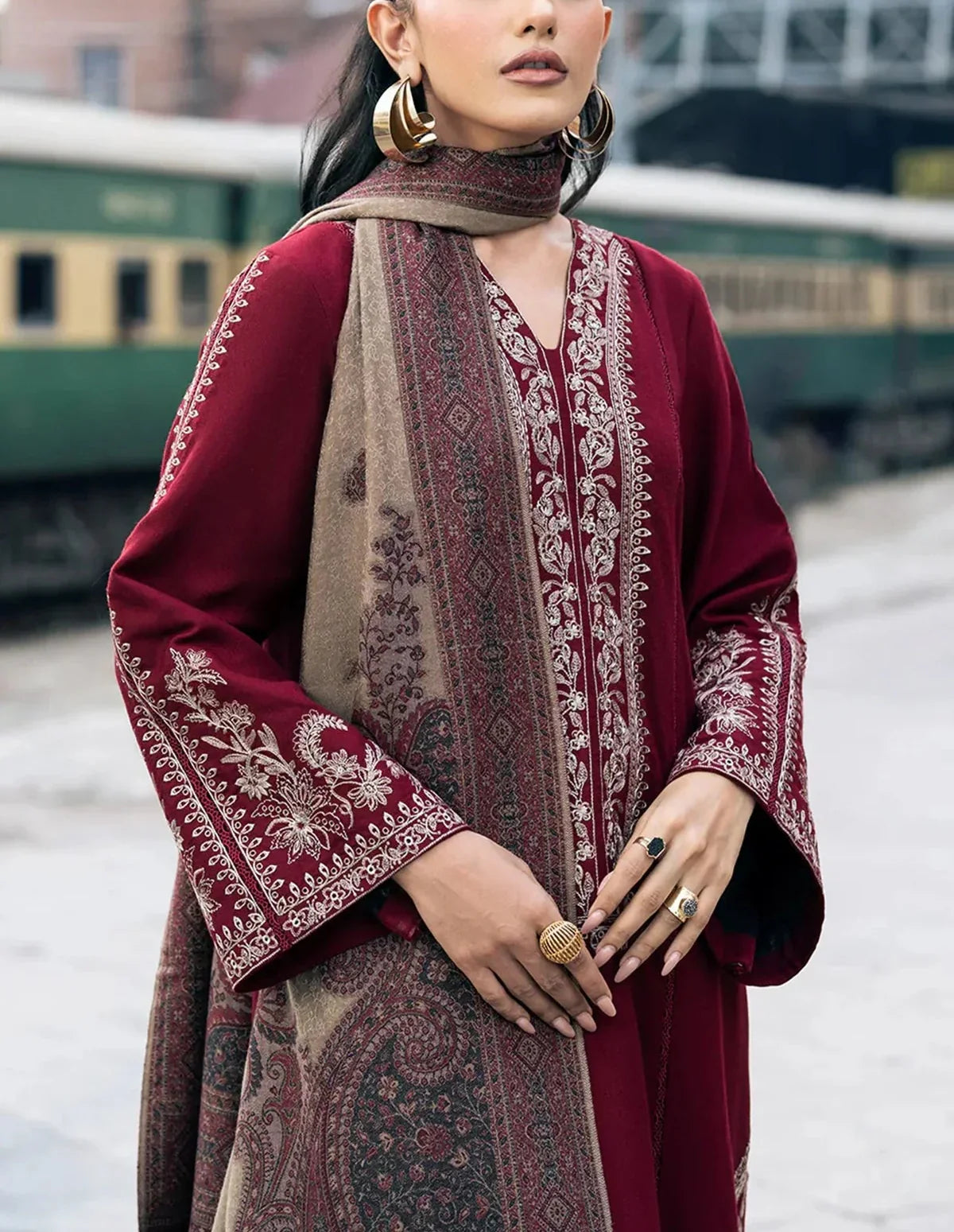 Swagiwear Embroidered 3pc Dhanak dress with Printed shawl - 