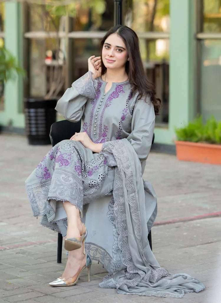 Swagiwear Mushq - 3PC Dhanak ChickenKari Embroidered Suit - 