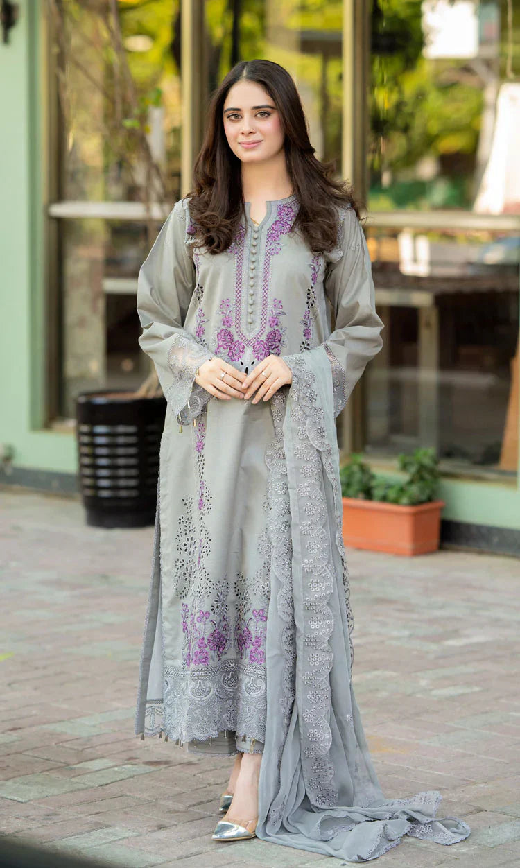 Swagiwear Mushq - 3PC Dhanak ChickenKari Embroidered Suit - 