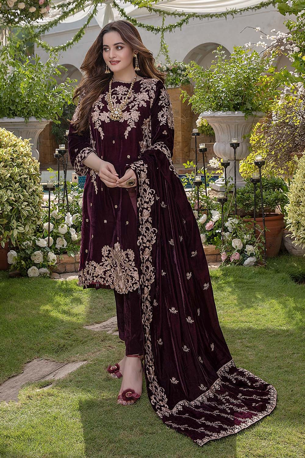 Swagiwear  Embroidered Velvet Three piece with Velvet Shawl Winter Collection's