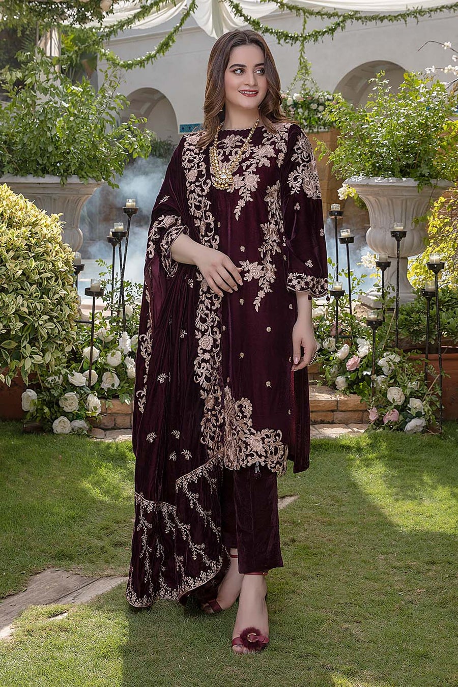 Swagiwear  Embroidered Velvet Three piece with Velvet Shawl Winter Collection's