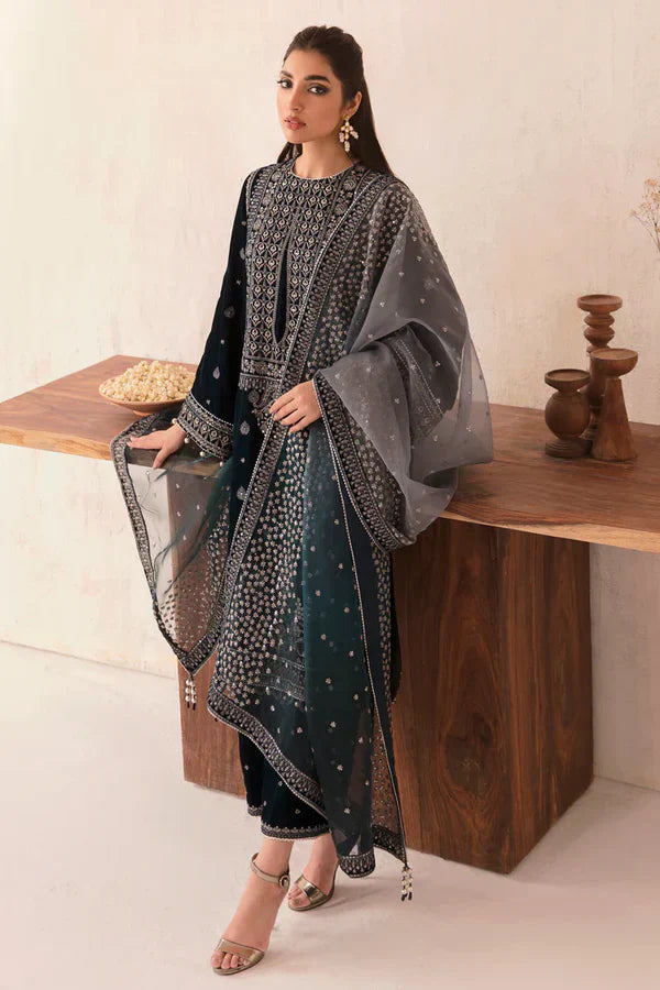 Swagiwear  Winter Unstitched 3PCs Velvet Embroidered Dress With Embroidered Organza Dupatta