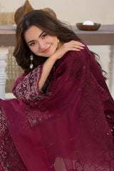 Swagiwear Velvet 3-Piece Dress with Embroidered Organza Dupatta - 