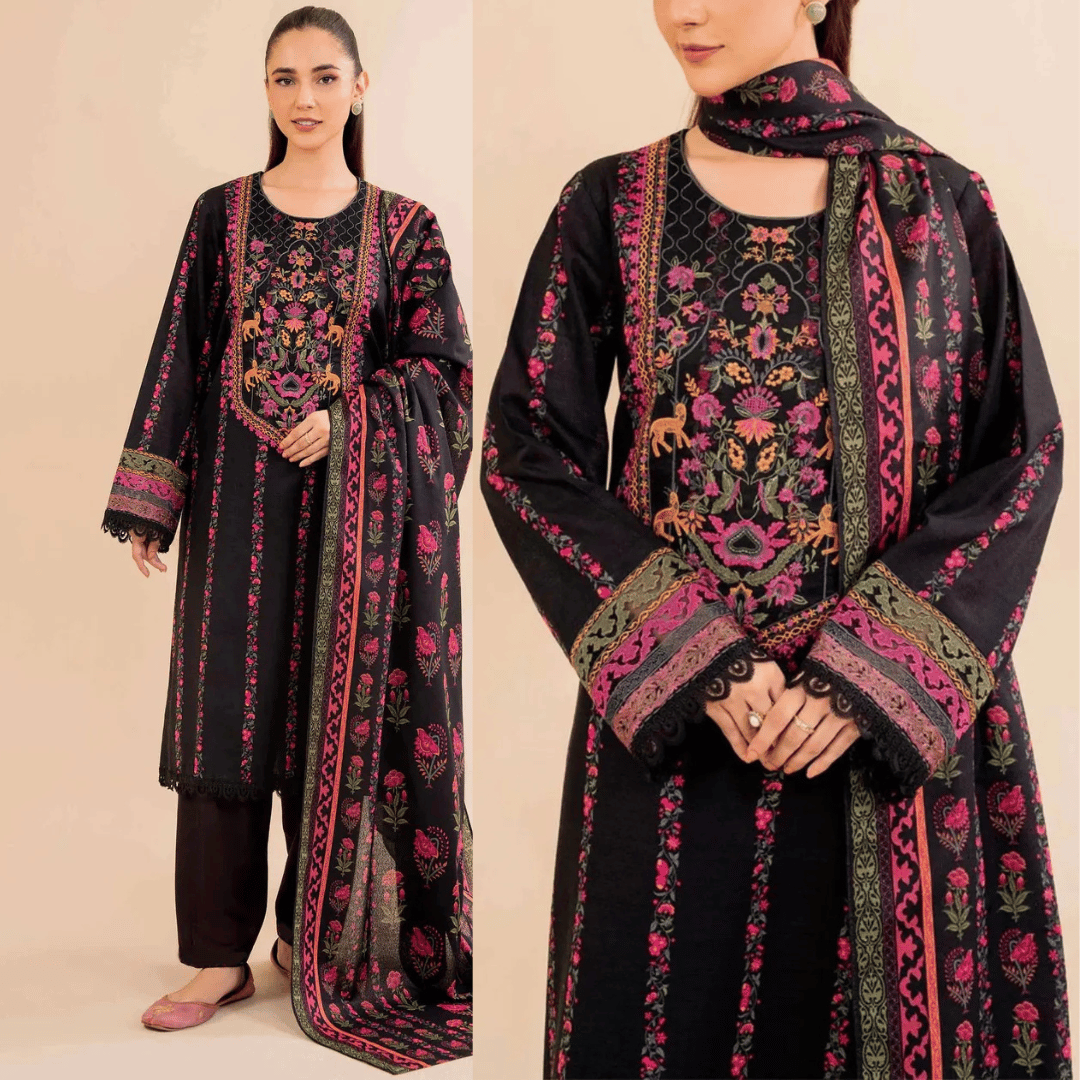 Swagiwear Khaddar 3 Piece Embroidered Dress - 