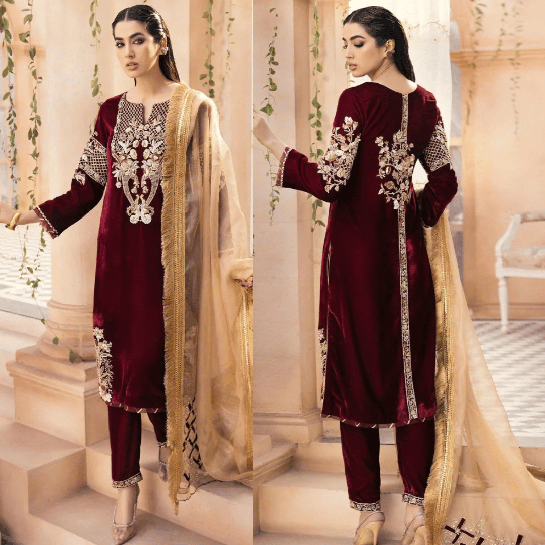 Swagiwear Jazmin - Embroidered Velvet 3-Piece Dress - 