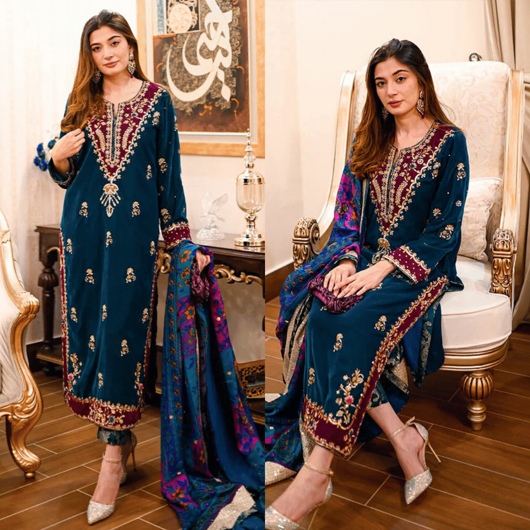 Swagiwear Swagiwear - Embroidered Velvet Dress with Wool Shawl - 