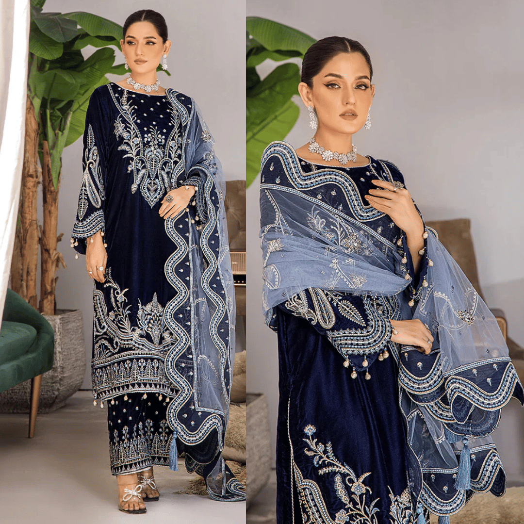 Swagiwear Cross Stitch - Velvet Dress with Embroidered Dupatta - 