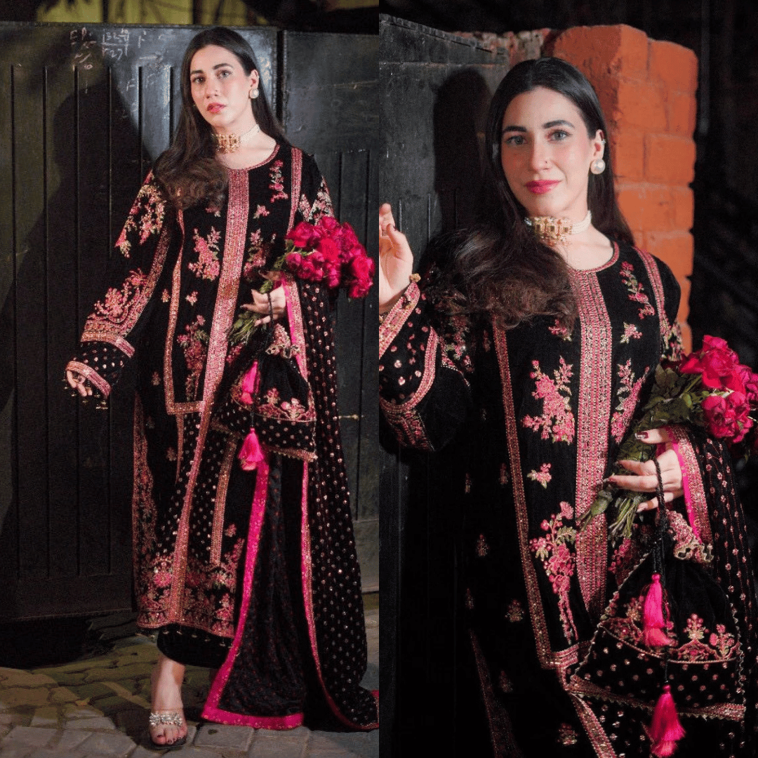 Swagiwear Maria B - Velvet Dress with Embroidered Dupatta - 