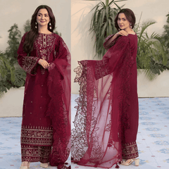 Swagiwear Velvet 3-Piece Dress with Embroidered Organza Dupatta - 