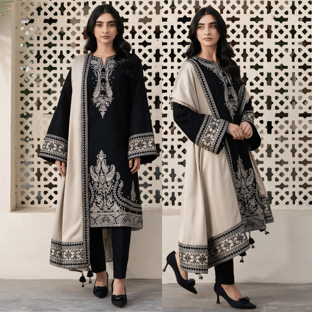 Swagiwear JAZMIN - 3PC DHANAK EMBROIDERED SHIRT WITH DHANAK EMBROIDERED SHAWL AND TROUSER - 