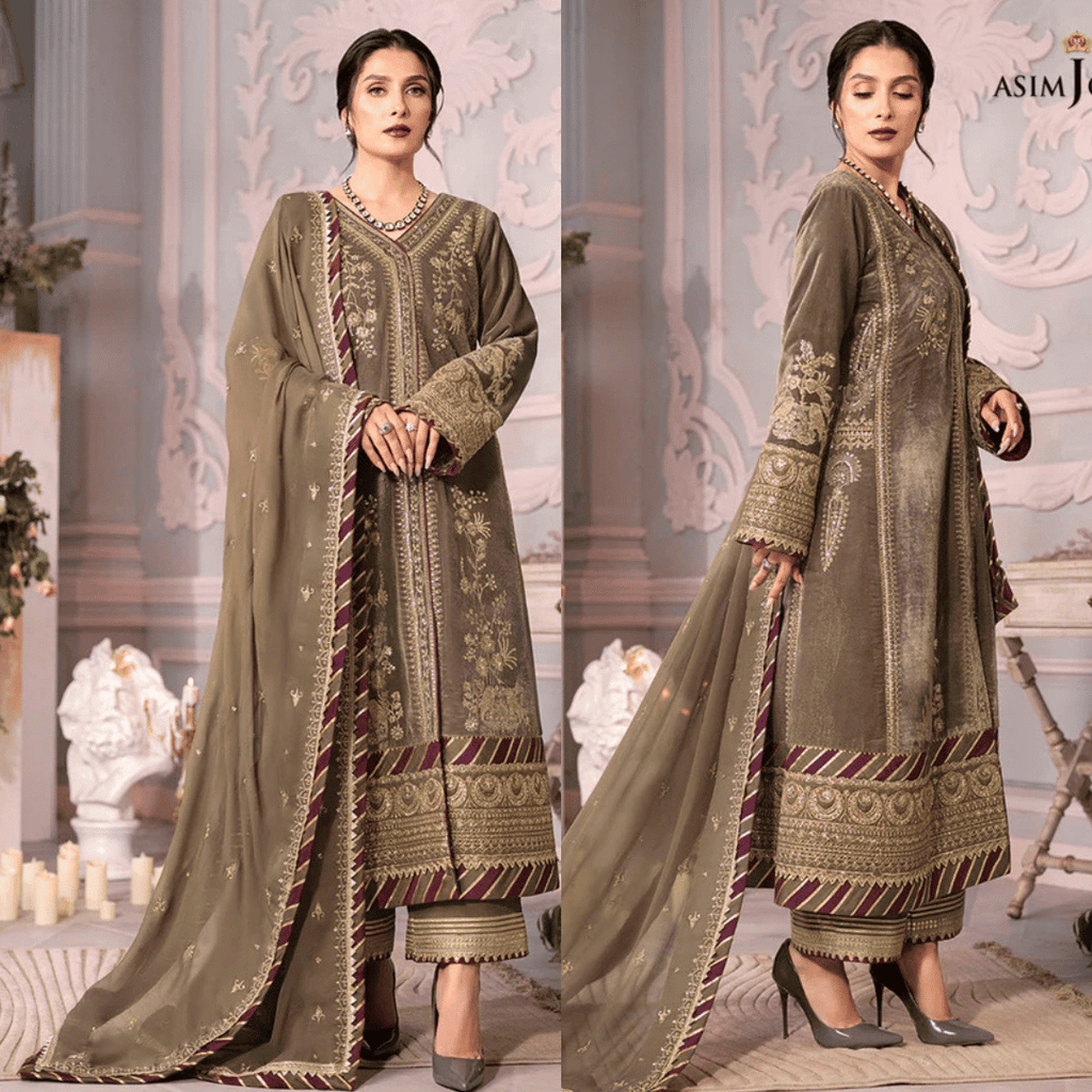 Swagiwear Asim Jofa - Velvet Dress with Pure Chiffon Embroidered Dupatta - 