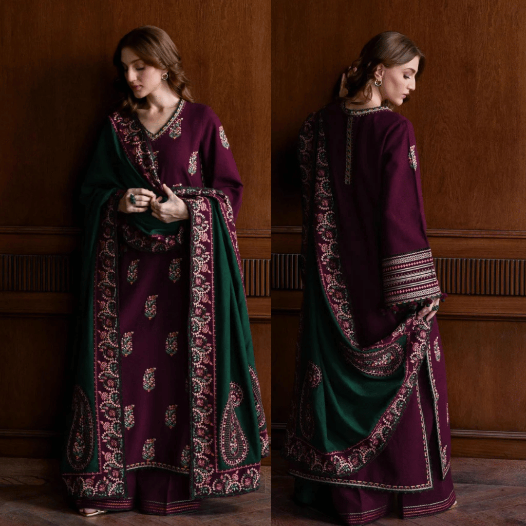 Swagiwear JAZMIN - 3PC DHANAK EMBROIDERED SHIRT WITH DHANAK EMBROIDERED SHAWL AND TROUSER - 