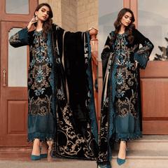Swagiwear 3PC Embroidered Velvet Dress with Plachi Velvet Shawl - 