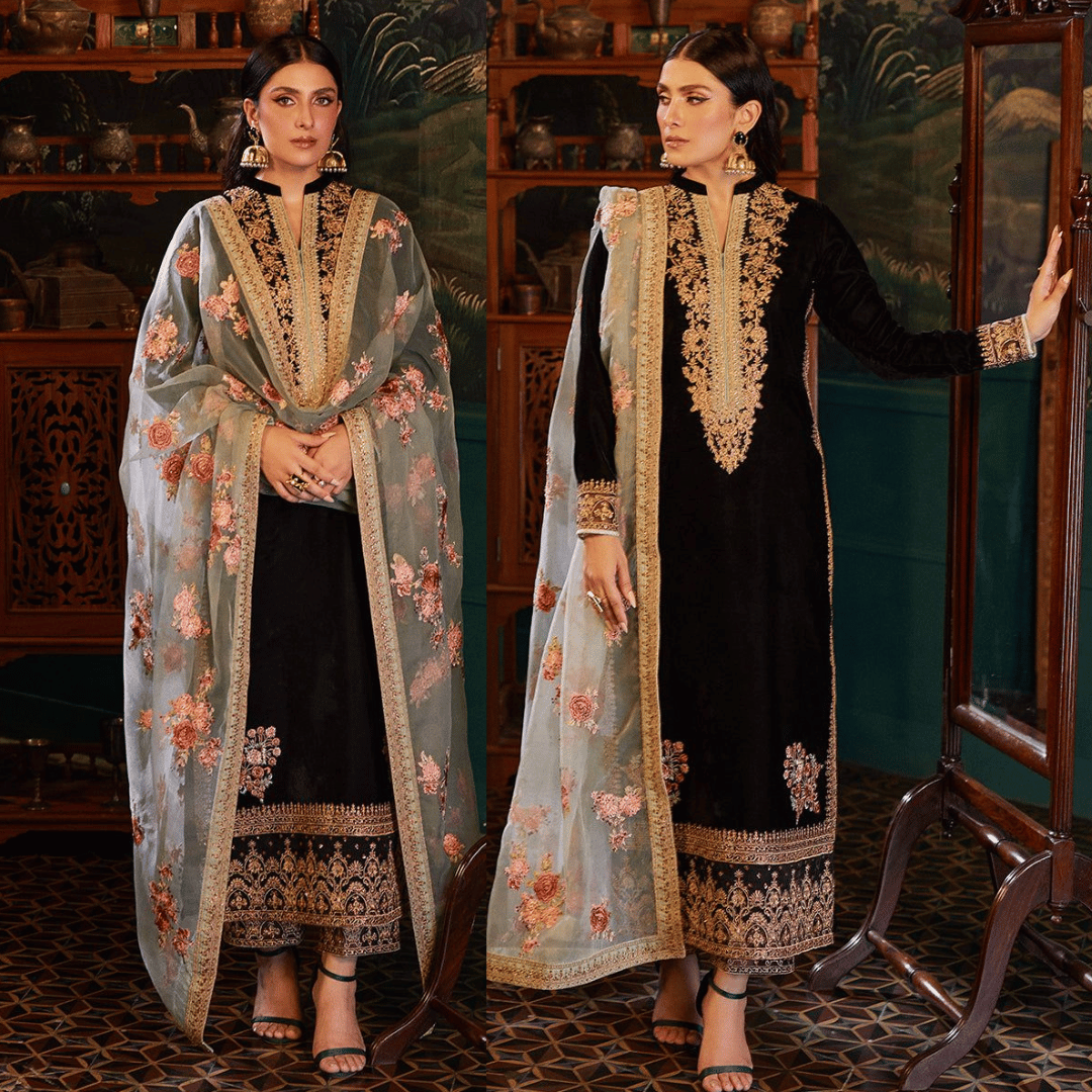 Swagiwear Zainab Chotani - Embroidered Velvet Dress - 