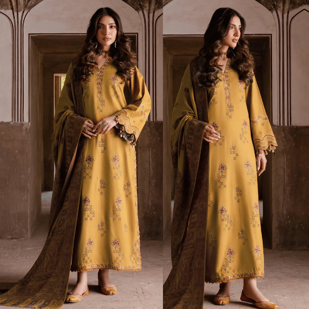Swagiwear IZEL-3PC DHANAK EMBROIDERED SHIRT WITH COURTRAI WOOL PRINT SHAWL - 