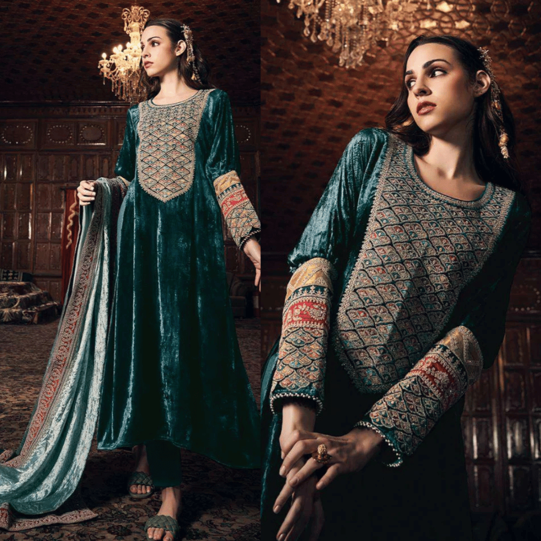 Swagiwear Aiqa Frock style - Winter 3PC Velvet Embroidered Suit - 