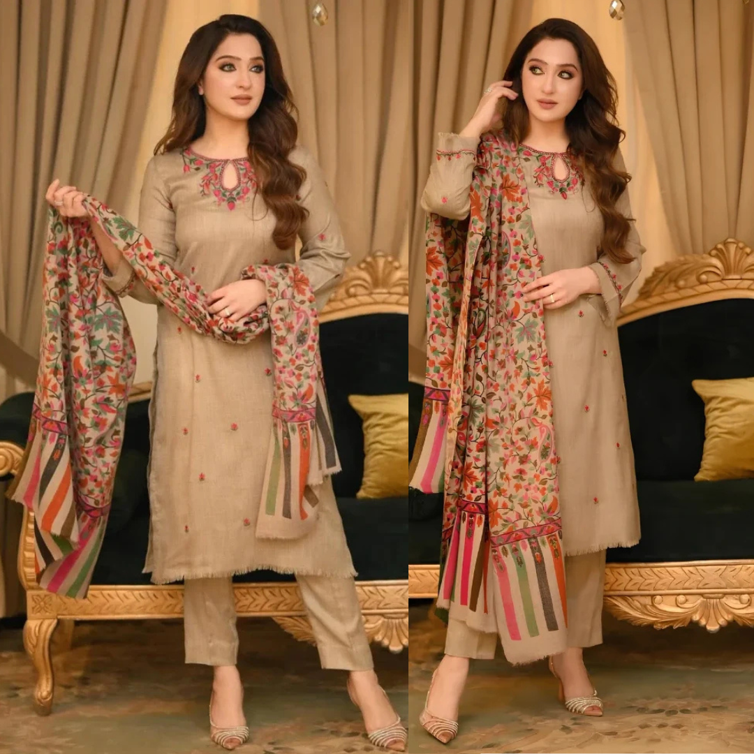 Bunnai - 3PC Dhanak Embroidered Shirt With Wool Printed Dupatta and Trouser - Sw1508