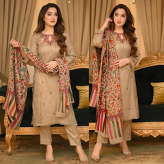 Bunnai - 3PC Dhanak Embroidered Shirt With Wool Printed Dupatta and Trouser - Sw1508