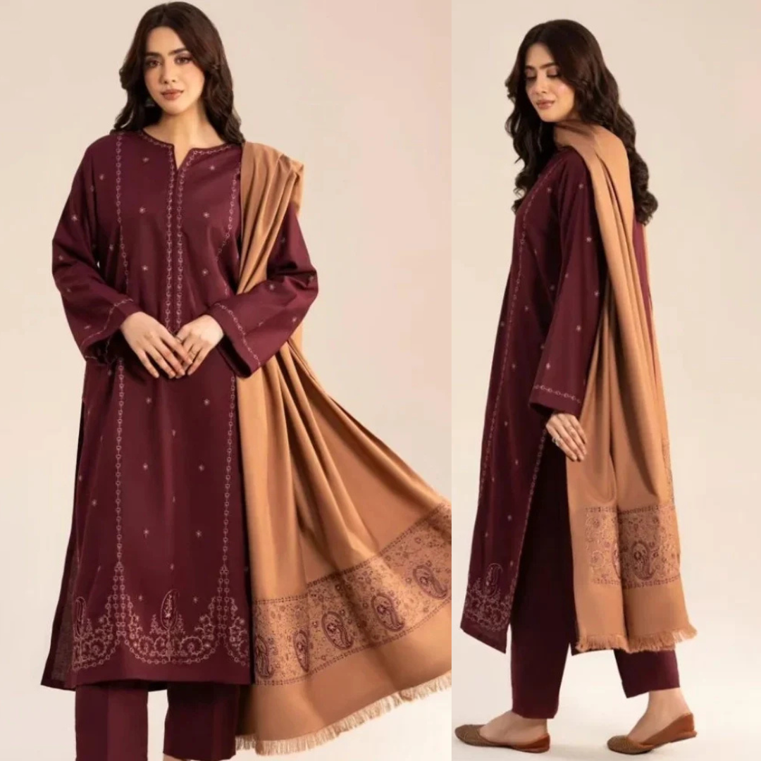 Sapphire - 3PC Dhanak Embroidered Shirt With Wool Embroidered Dupatta and Trouser - Sw1510